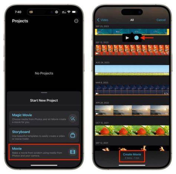 How do you combine videos on iMovie on iPhone?